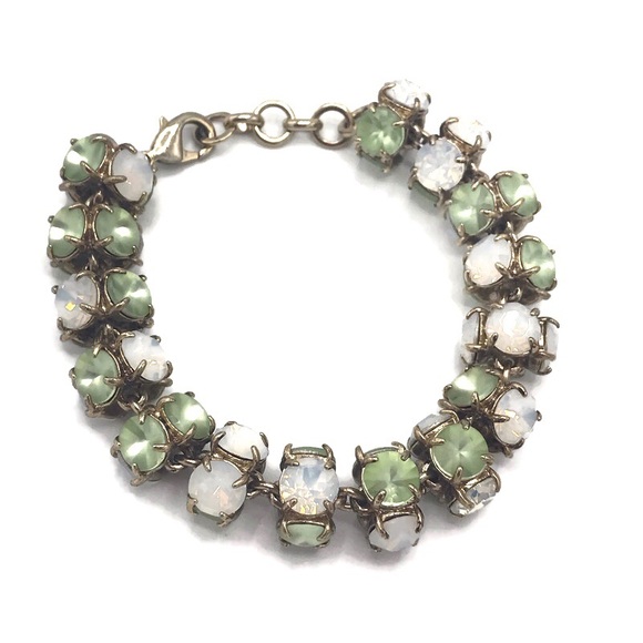 J Crew Tubular Green & White Stone Chain Link Gold-Tone Bracelet - Picture 2 of 6